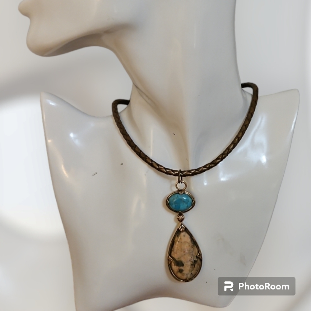 BARSE Interchangeable Jasper Turquoise Pendant Bronze Leather Cord Necklace - Picture 4 of 11